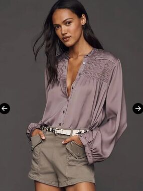 Anthropologie Silky Smocked Yoke Purple Buttondown Shirt size large